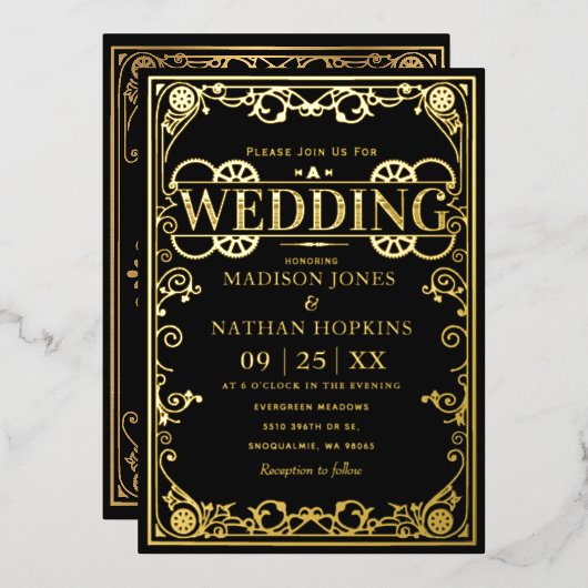 Elegant Victoriaans Steampunk Wedding Folie Uitnodiging (Voorkant / Achterkant)