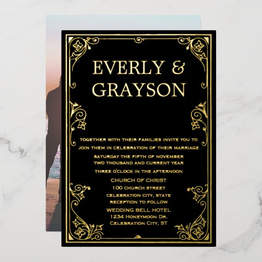 Elegant Victoriaans Uw Foto op Back Gold Folie Uitnodiging (Voorkant / Achterkant)