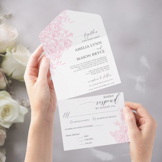 Elegant Victorian Blush Pink Floral Wedding  All In One Uitnodiging