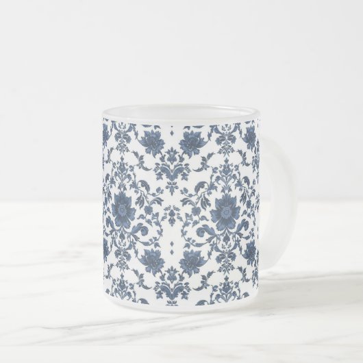 Elegant Victorian Damask Flower Pattern Navy Blue Matglas Koffiemok (Voorkant rechts)