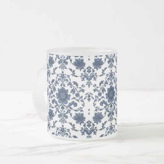Elegant Victorian Damask Flower Pattern Navy Blue  Matglas Koffiemok (Voorkant links)