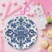 Elegant Victorian Damask Flower Pattern Navy Blue  Papieren Bordje (Feest)