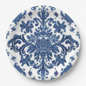Elegant Victorian Damask Flower Pattern Navy Blue  Papieren Bordje (Voorkant)