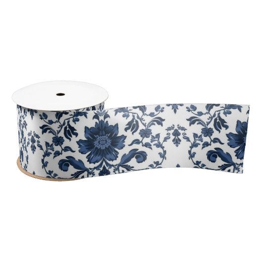 Elegant Victorian Damask Flower Pattern Navy Blue  Satijnen Lint (Spoel)