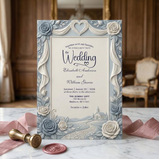 Elegant Victorian Dusty Blue Faux Embossed Rose Kaart