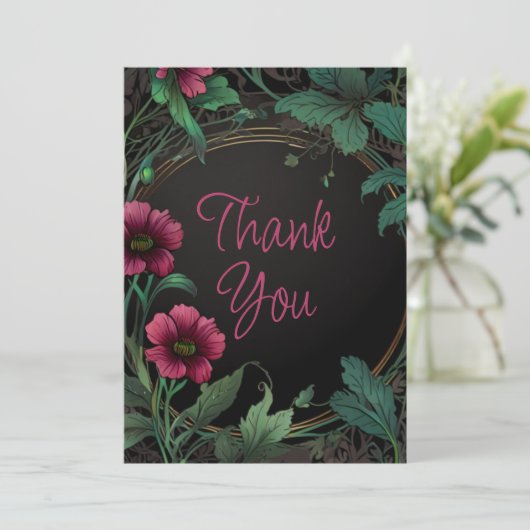 Elegant victorian moody dark green pink floral bedankkaart (Staand voorkant)