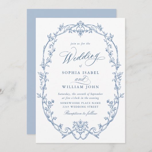 Elegant Victorian Ornate Floral Dusty Blue Wedding Kaart (Voorkant / Achterkant)