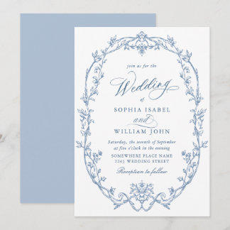 Elegant Victorian Ornate Floral Dusty Blue Wedding Kaart