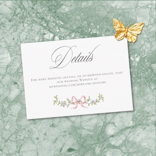 Elegant Victorian Pastel Floral Bow Wedding Detail Informatiekaartje