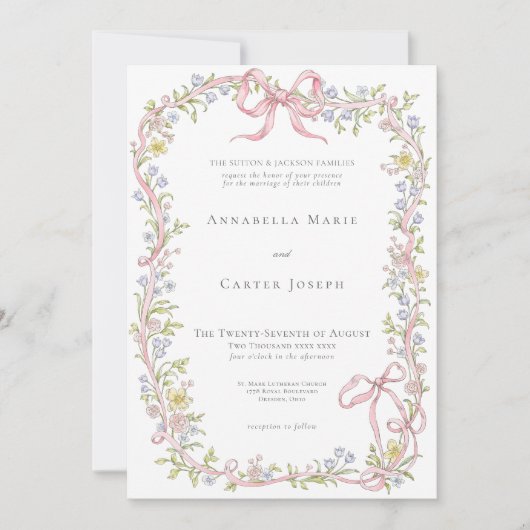 Elegant Victorian Pastel Floral Bow Wedding Kaart (Voorkant)