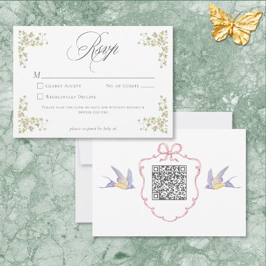 Elegant Victorian Pastel Floral Bow Wedding QR RSVP Kaartje