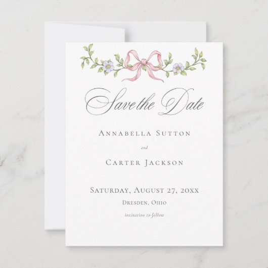Elegant Victorian Pastel Floral Bow Wedding Save The Date (Voorkant)