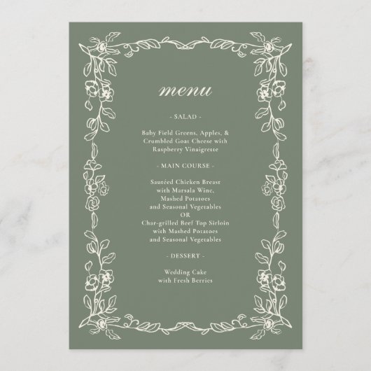 Elegant Victorian Sage Green Wedding Menu (Voorkant)