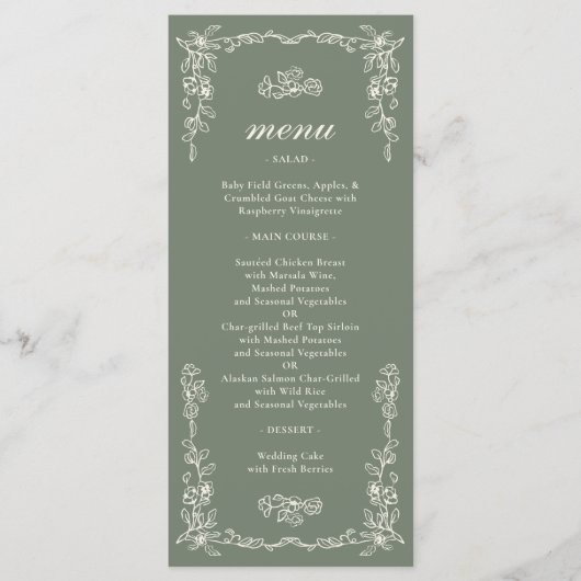 Elegant Victorian Sage Green Wedding Menu (Voorkant)