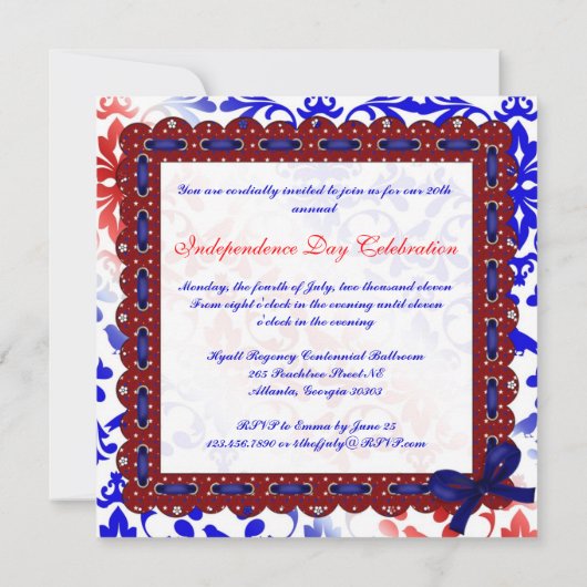 Elegant Vierde juli Uitnodiging met Diamond Bow (Achterkant)