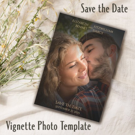 Elegant vignet fotosjabloon zwart goud bruiloft save the date