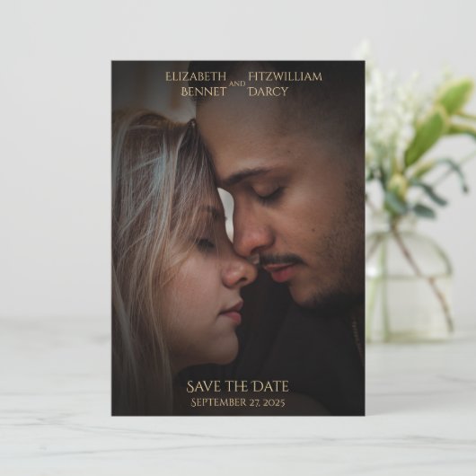 Elegant vignet fotosjabloon zwart goud bruiloft save the date (Staand voorkant)