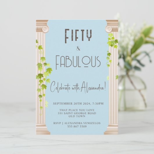 Elegant Vijftig Fabulous Grieks Thema Blauw Verjaa Kaart (Staand voorkant)