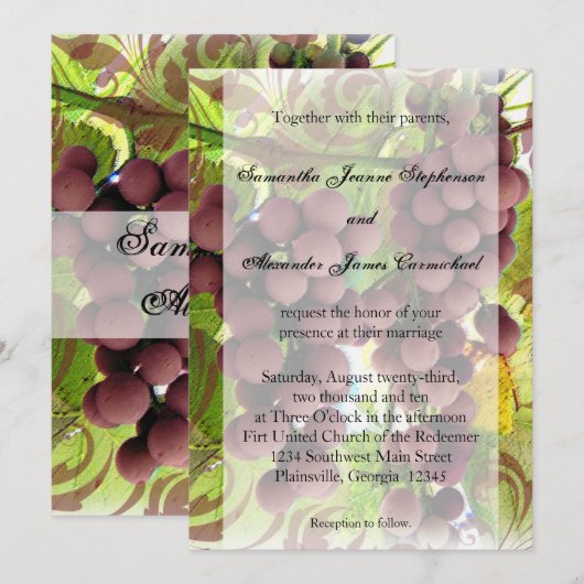 Elegant Vineyard Paars/Green Grapes Wedding Kaart (Voorkant / Achterkant)