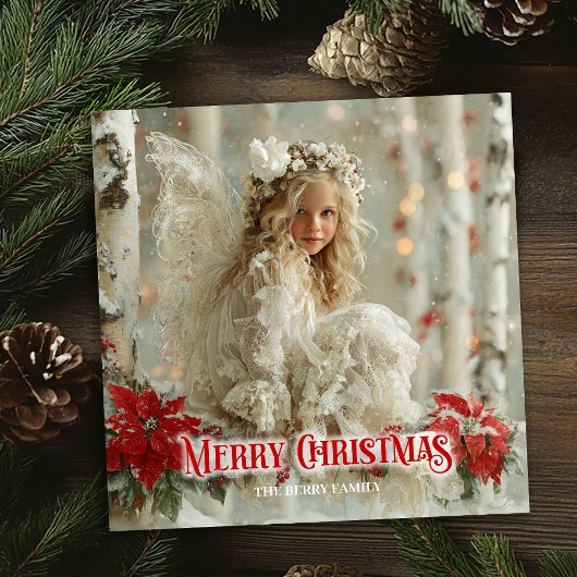 Elegant vintage angel red poinsettias classic card feestdagenkaart