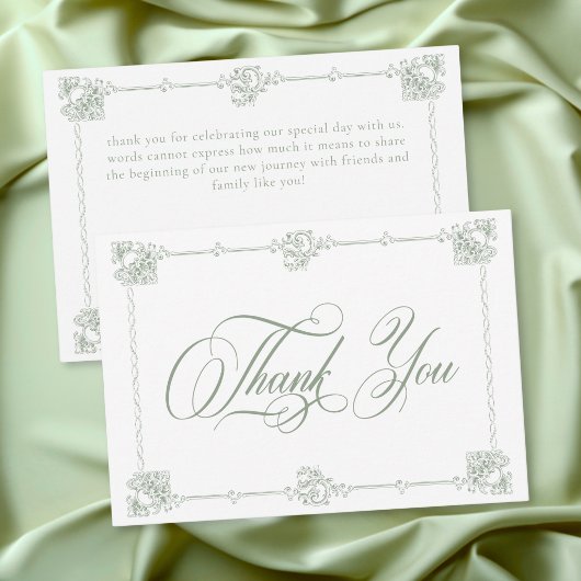 Elegant Vintage Baroque Sage Green Wedding Bedankkaart