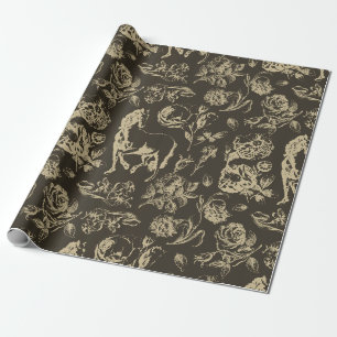 Elegant Vintage Beige Gouden Paard Bloem Motief Cadeaupapier