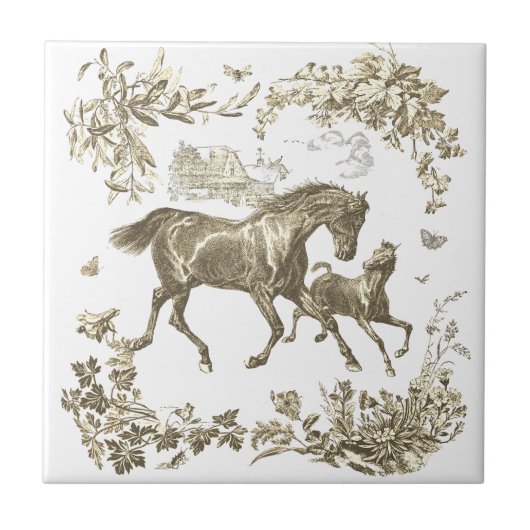 Elegant Vintage Beige Horses Floral Tegeltje (Voorkant)