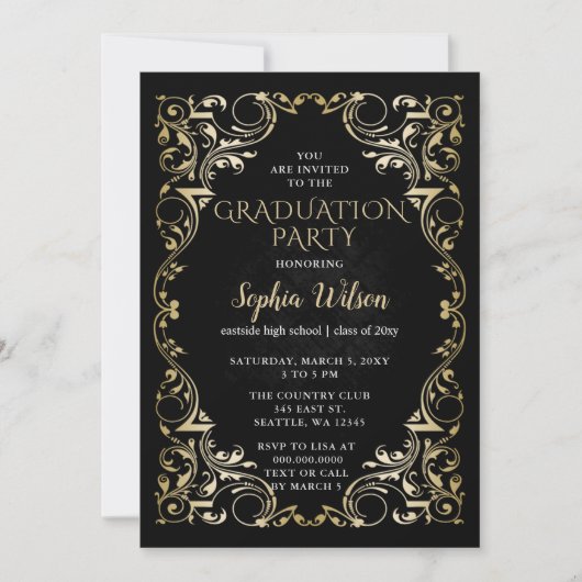Elegant Vintage Black Gold Afstuderen Kaart (Voorkant)