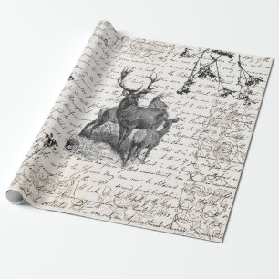 Elegant Vintage Black White Deer Wildflower Script Cadeaupapier