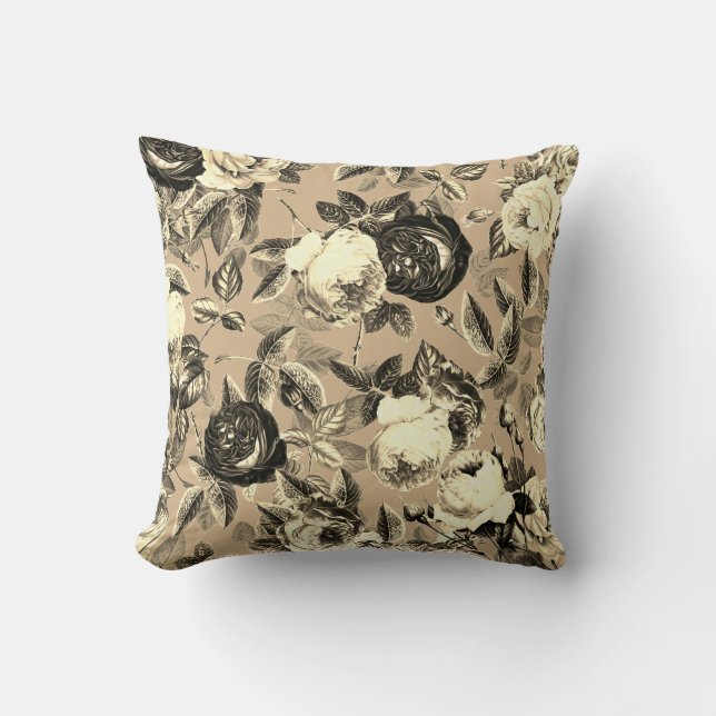 Elegant Vintage Black White Rozen beige Tan Kussen (Voorkant)
