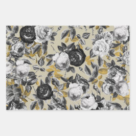 Elegant Vintage Black White Rozen Floral Beige Inpakpapier Vel