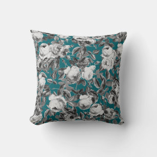 Elegant Vintage Black White Rozen op Blauwgroen bl Kussen