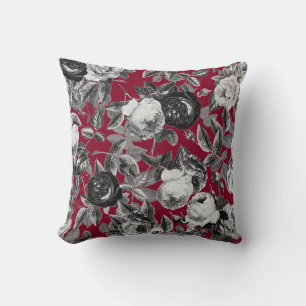 Elegant Vintage Black White Rozen op Bourgogne Red Kussen
