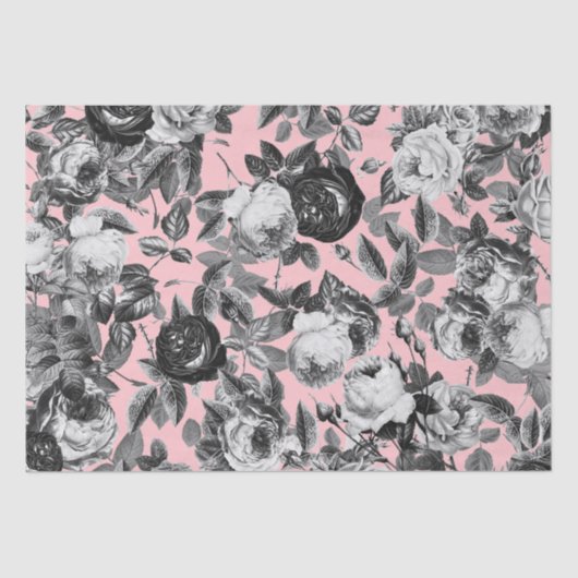 Elegant Vintage Black White Rozen op roze Tissuepapier (Voorkant)
