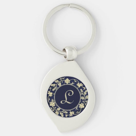 Elegant Vintage Blau Bloem Initialen Monogram Sleutelhanger (Voorkant)