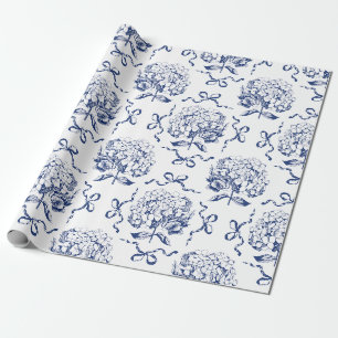 Elegant Vintage Blau Witte Hortensia Strik Patroon Cadeaupapier