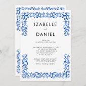 Elegant Vintage Blauw Kader Huwelijk Kaart (Voorkant / Achterkant)