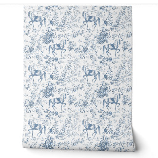 Elegant Vintage Blauw Witte Paard Bloemmotief Behang