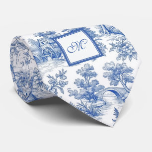 Elegant vintage blauwe Franse toile monogram patro Stropdas