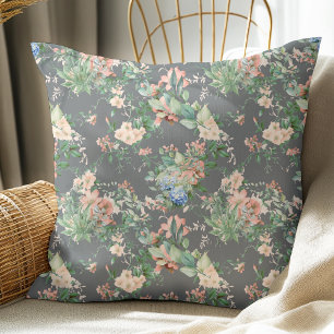 Elegant Vintage Bloemmotief Donkergrijs Kussen
