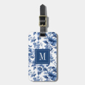 Elegant Vintage Blue Floral Monogram Bagagelabel (Voorkant verticaal)