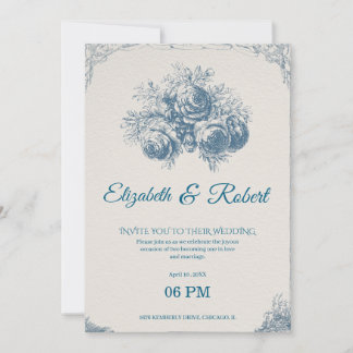 Elegant Vintage Blue Floral Wedding Invitation Kaart