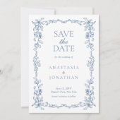 Elegant Vintage Blue Photo Wedding Save The Date (Voorkant)