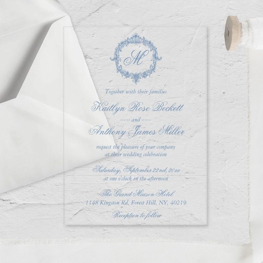 Elegant Vintage Blue Toile Monogram Wedding Acryl Uitnodigingen