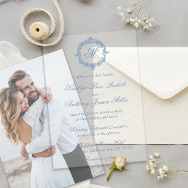 Elegant Vintage Blue Toile Monogram Wedding Acryl Uitnodigingen