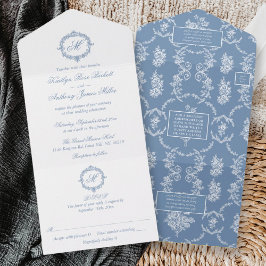 Elegant Vintage Blue Toile Monogram Wedding All In One Uitnodiging