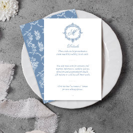 Elegant Vintage Blue Toile Monogram Wedding Informatiekaartje