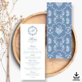 Elegant Vintage Blue Toile Monogram Wedding Menus Kaart