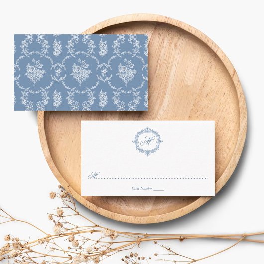 Elegant Vintage Blue Toile Monogram Wedding Plaatskaartje