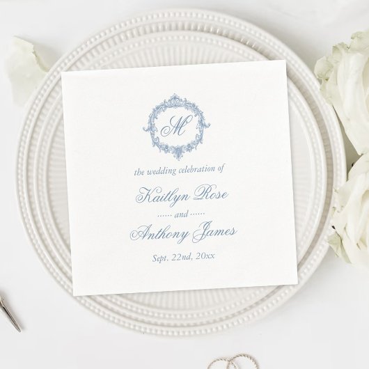 Elegant Vintage Blue Toile Monogram Wedding Servet